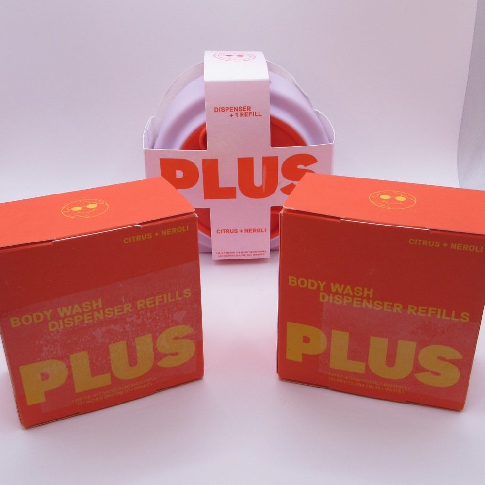 BRAND NEW PLUS BODY WASH SHEET REFILLABLE DISPENSER AND TWO REFILLS  #550/551